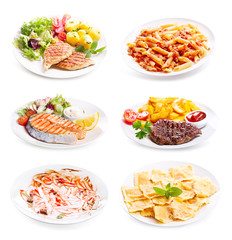 plates of various meat, fish and chicken on white background