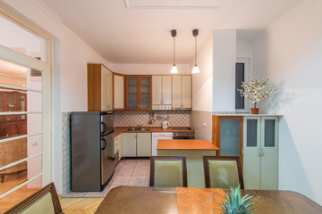 Apartment interior, dining and kitchen area