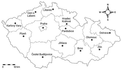 Czech republic administrative map. Regions, capital city and regional cities on the map with scale and compass.