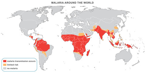 Malaria disease around the world, 2014. Warning map for travelers with dangerous areas recommended for vaccination. Fully editable vector map. - obrazy, fototapety, plakaty