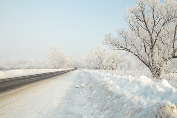 Car on a winter road in the woods leaving afar