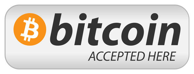 Bitcoin icon banner with text "bitcoin accepted here". Flat design vector illustration.