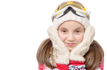  happy young girl snowboarding on white background