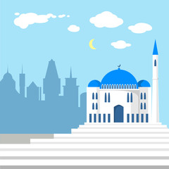 Mosque on the background of islamic city silhouettes.