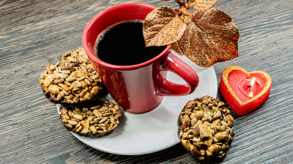 Coffee cup on wooden table.