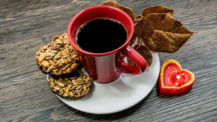 Coffee cup on wooden table.