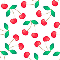 Red cherries fruit seamless vector pattern. Healthy vegetarian lifestyle kitchen tablecloth print design.