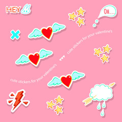 Naklejka premium Valentine's day love theme cute badges, stickers, stamps. Hearts, thunder, arrow, cloud, stars, speech bubble. Comic, manga style