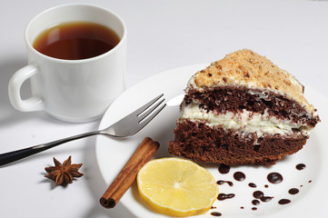 Homemade chocolate cake and tea