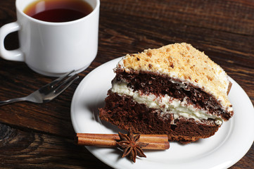 Homemade chocolate cake and tea