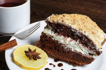 Homemade chocolate cake and tea
