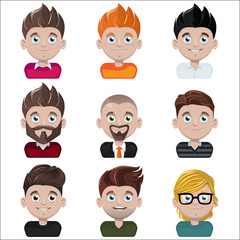 Set of vector avatar faces with different hairstyles and clothing