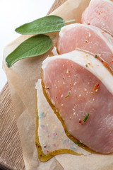 raw pork escalope with sause made of honey and herbs
