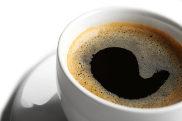 A cup of tasty coffee, isolated on white, close-up