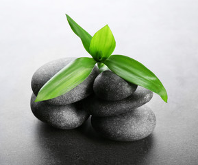 Obraz na płótnie Canvas Hot spa stones with bamboo on grey background, close-up