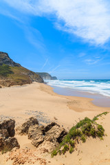 A view of sandy Castelejo beach, famous place for surfing, Algarve region, Portugal
