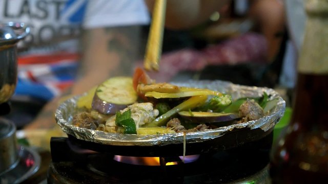 Cooking Vegetables on Barbeque. Vietnam Street Food BBQ. 