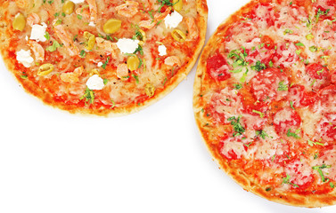 Two delicious tasty pizzas, isolated on white