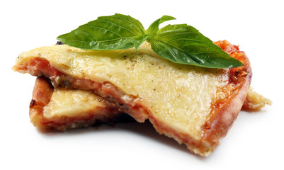Fototapeta na wymiar Tasty slices of pizza with basil isolated on white.