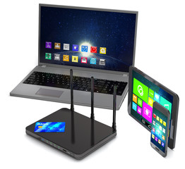 Router, laptop, smartphone, tablet and credit card.