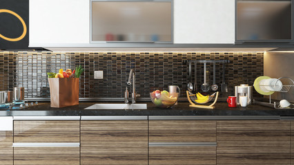 modern kitchen interior design with black ceramic wall