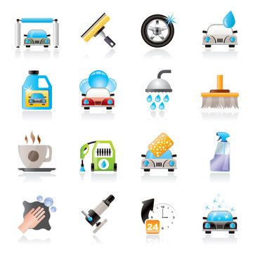 Professional car wash objects and icons - vector icon set