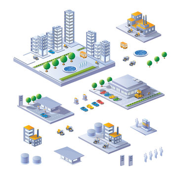 A large set of isometric urban buildings. The picture presented supermarkets, houses, skyscrapers.