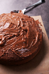 Chocolate pie with spoon, closeup
