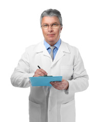 A handsome doctor with clipboard, isolated on white