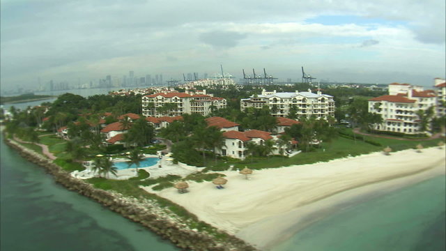 Aerial shot of hotels on the shore in Miami.