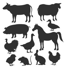 Vector farm animal black silhouettes icon set