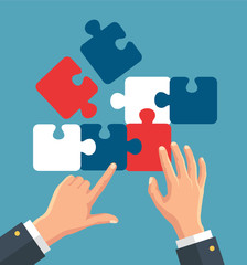 Hands putting puzzle pieces. Vector flat illustration