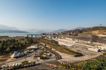 Fototapeta na wymiar the Three Gorges Dam area at Yangtze River on a foggy day