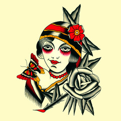 donna con rosa e farfalla Illustrazione Tatuaggio in stile old school