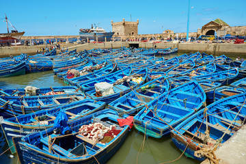 Fototapeta na wymiar Blue fishing boats in the port of Essaouira, Morocco