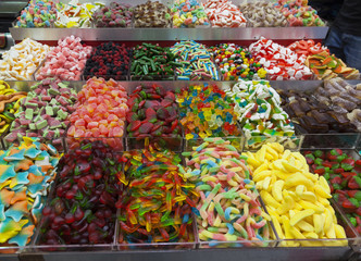 Sweets stalls at Machane Yehuda Market. Jerusalem, Israel.
