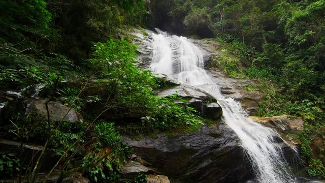 Slow motion shot of a jungle waterfall cascading down a dark rocky outcropping into a green pool.