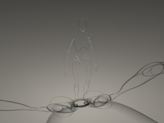 a rendered abstract illustration of a transparent manikin casting shadows