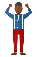 Man with raised hands up.