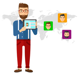 Man holding tablet computer with social media source.