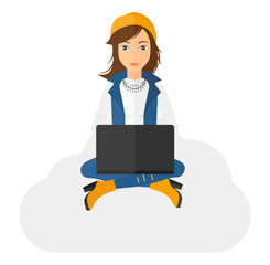 Woman sitting with laptop.