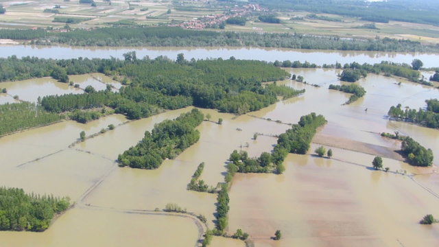 Aerial view of flooding river Sava in Serbia