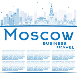 Obraz premium Outline Moscow Skyline with Blue Landmarks and Copy Space. Some elements have transparency mode different from normal.