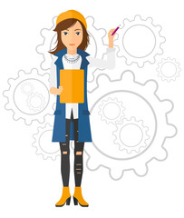 Woman standing on gears background.