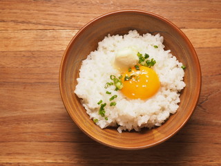 Warm rice with egg york