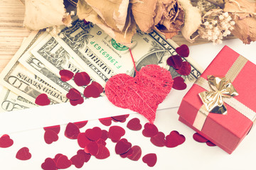 valentine concept with hearts, dry roses and