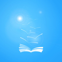 Vector book in blue sky with seagulls and sun. Learning and knowledge concept