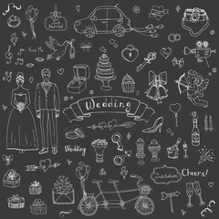 Hand drawn doodle Wedding collection Vector illustration Sketchy Marriage icons Big set of icons for Wedding day, love and romantic events Bride Groom Heart Cupid Engagement ring