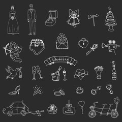 Hand drawn doodle Wedding collection Vector illustration Sketchy Marriage icons Big set of icons for Wedding day, love and romantic events Bride Groom Heart Cupid Engagement ring