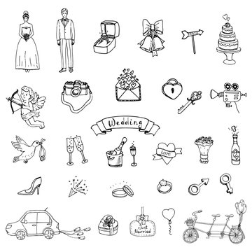 Hand drawn doodle Wedding collection Vector illustration Sketchy Marriage icons Big set of icons for Wedding day, love and romantic events Bride Groom Heart Cupid Engagement ring